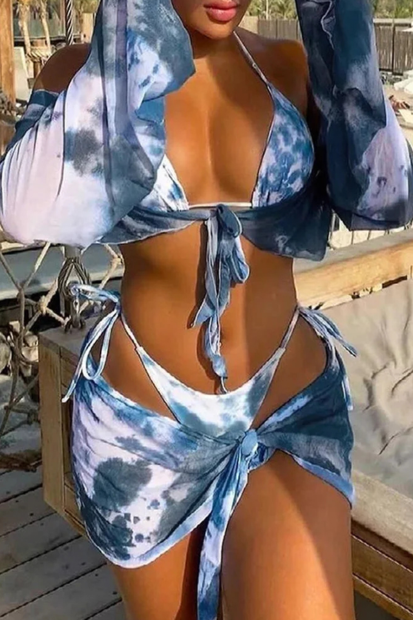 Women's Tie Dye Blue Print V Wire Four Piece Swimwear Bikini Set