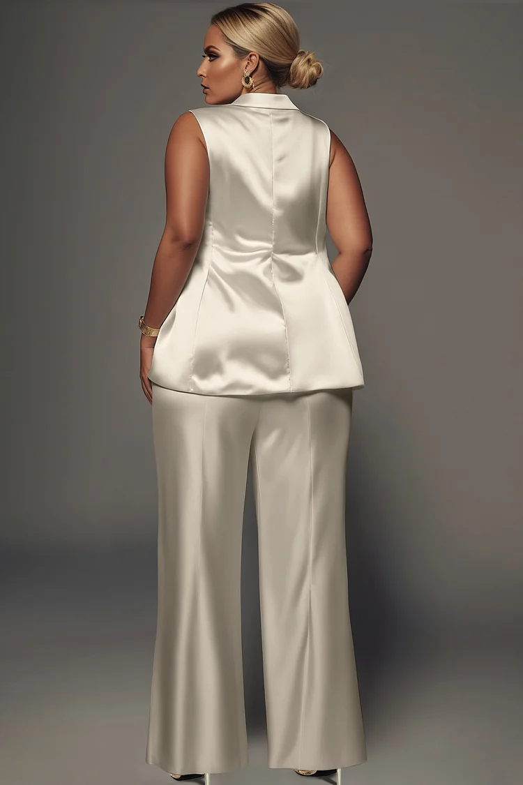 Xpluswear Design Plus Size Business Casual White Lapel Collar Pocket Wide Leg Satin Two Piece Pant Suits [Pre-Order]