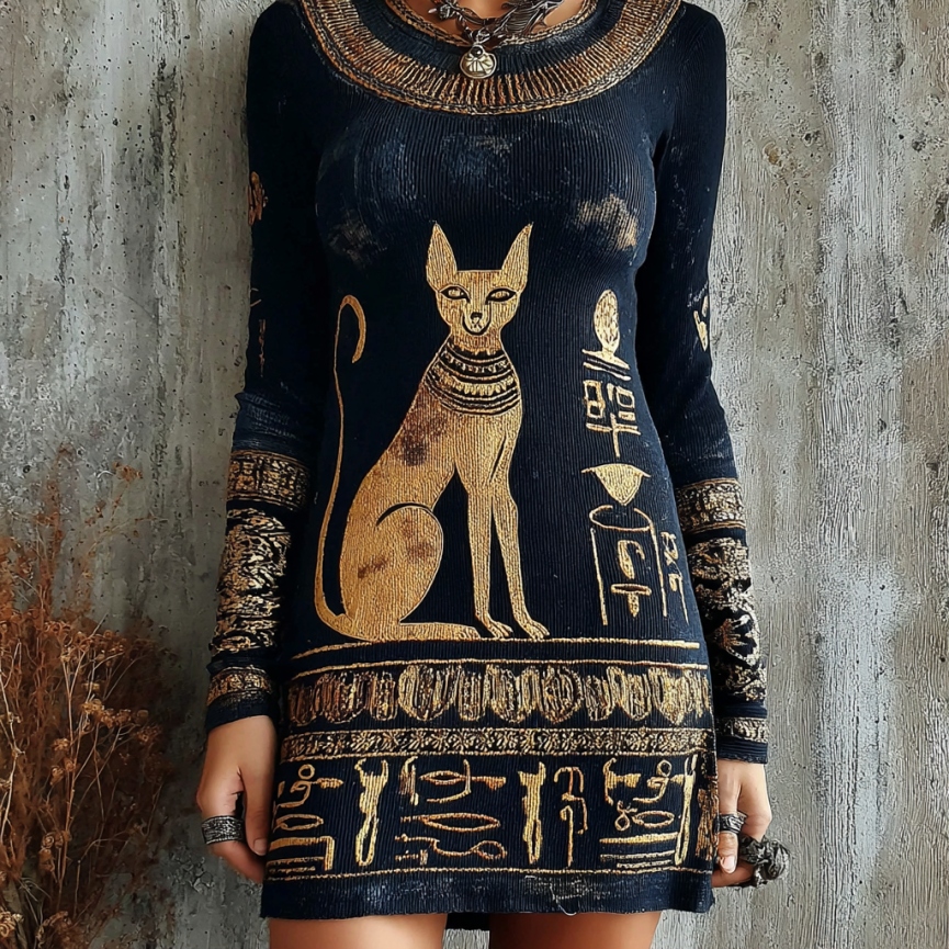 Women's Vintage Ancient Egyptian Cat Pattern Gradient Knit Mini Sweater Dress elevenforest