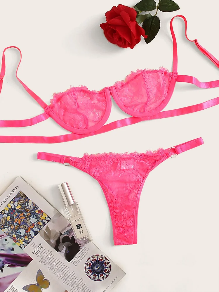 Neon Pink Floral Lace Lingerie Set