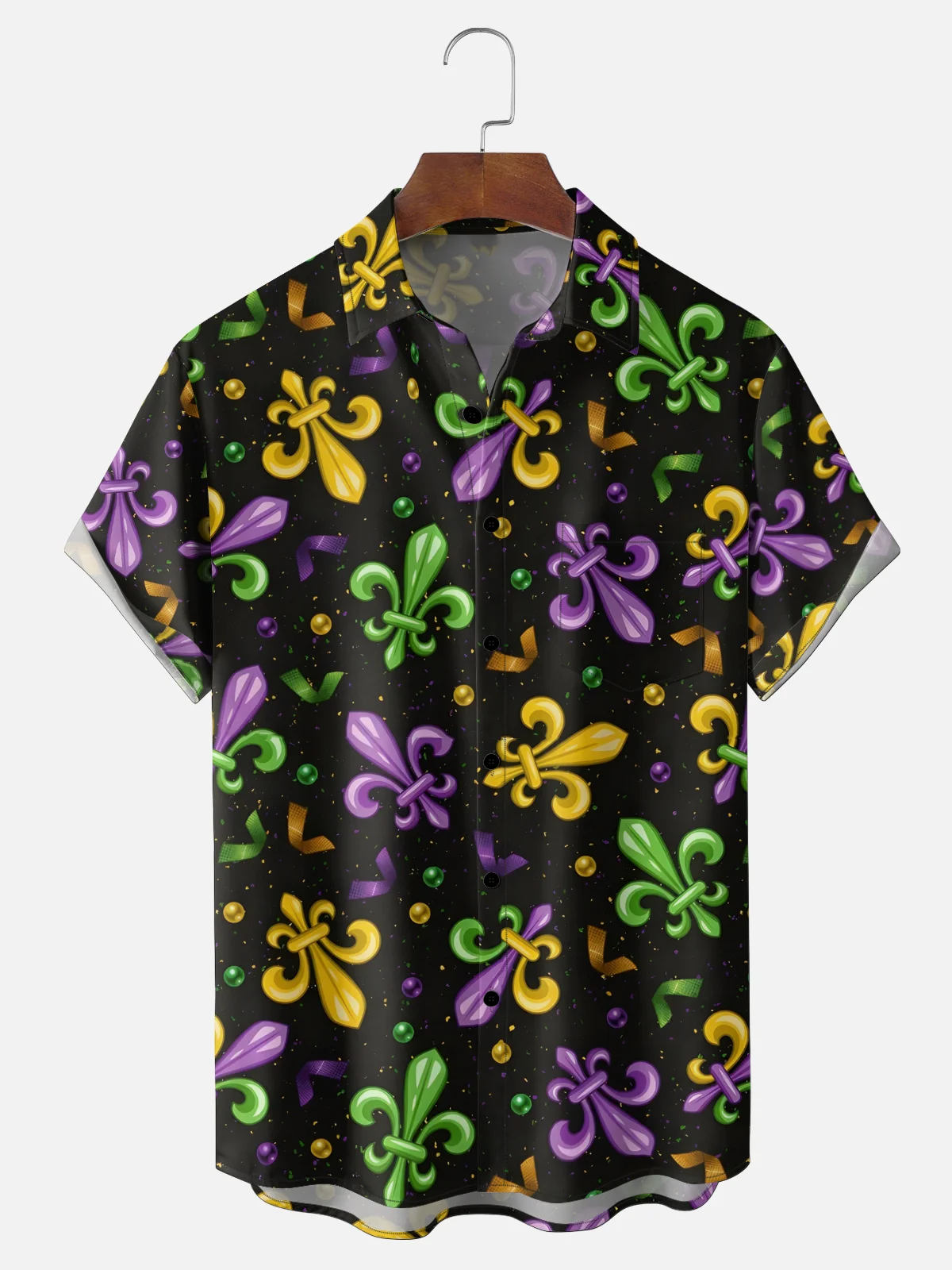 Moisture Wickin Mardi Gras Carnival Beaded Chest Pocket Holiday Hawaiian Shirt PLUSCLOTHESMAN