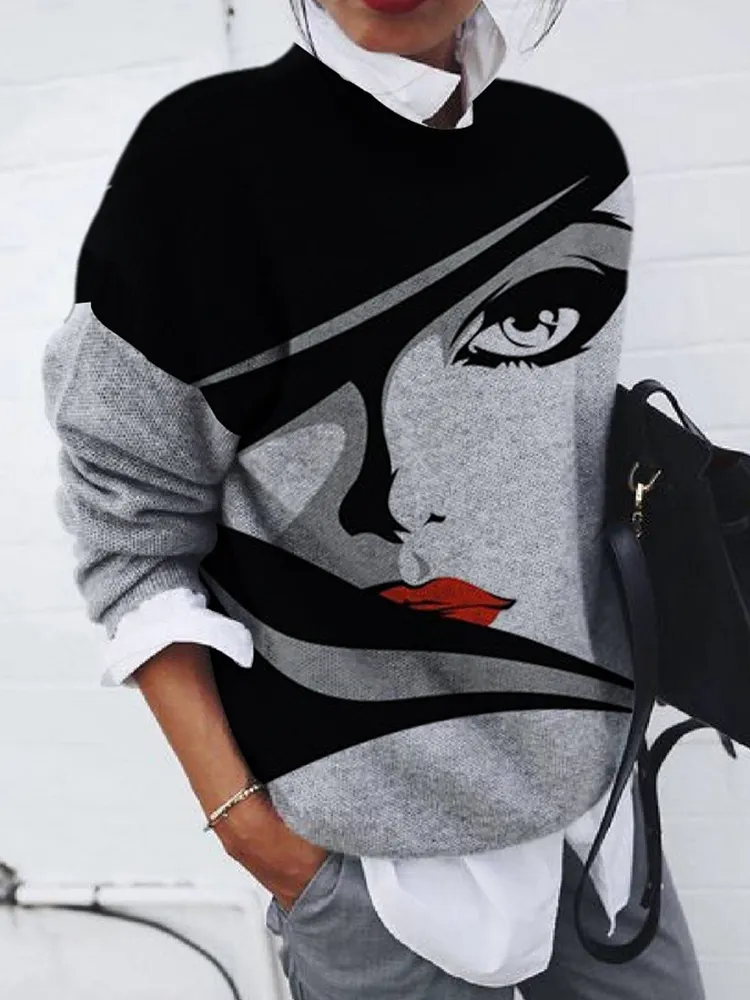 Fashion Abstract Portrait Print Loose Long Sleeve Top