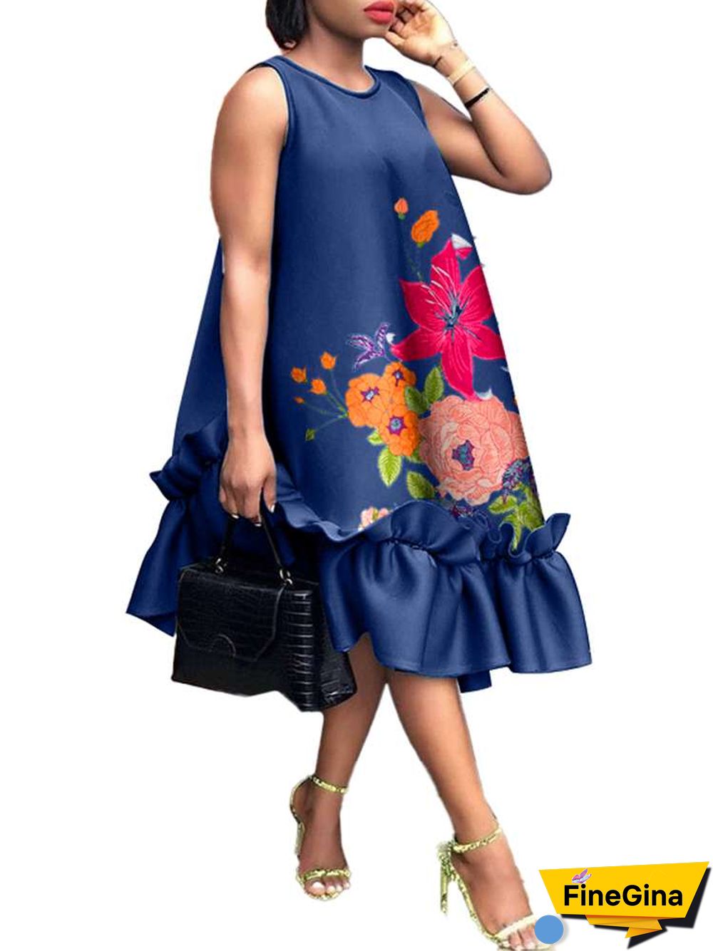 Women Elegant Midi Dress Summer Party Long Dresses VONDA Sexy Sleeveless Fashion Beach Floral Print Ruffled Tank Vestidos