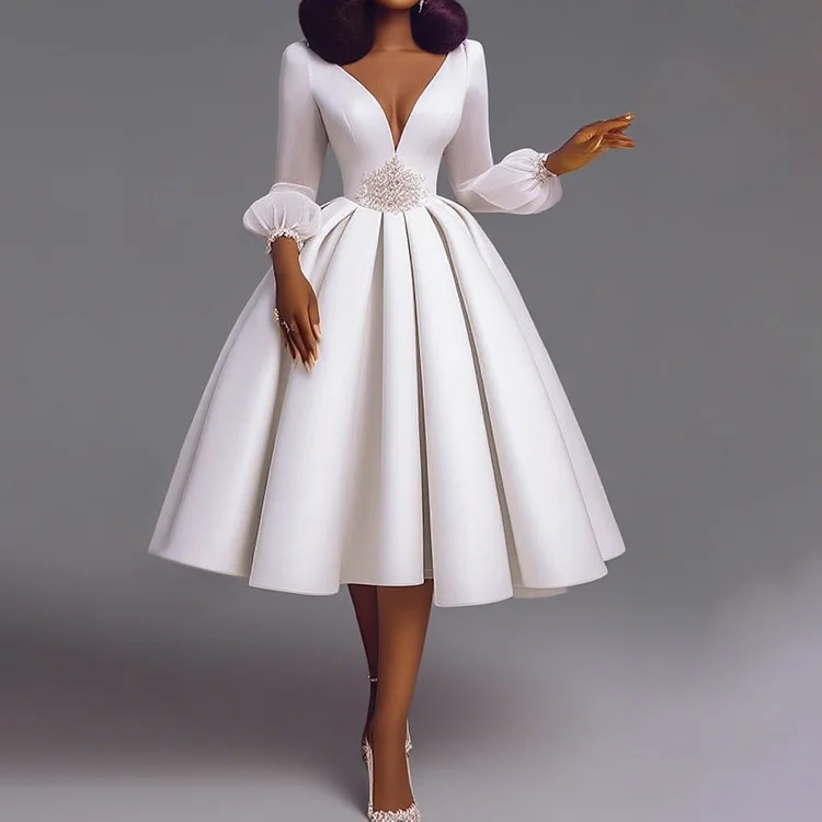 Elegant Deep V Neck Lantern Sleeve Pleated Midi Dress