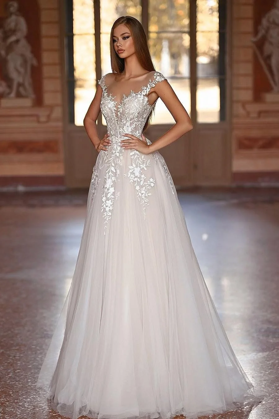 Miabel Stunnning White Applique Tulle Spaghetti Strap Sleeveless Wedding Dress with Pleated 