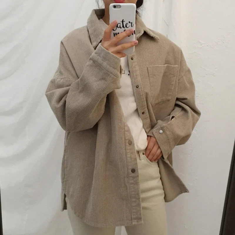 Zoki Harajuku Corduroy Women Shirt Jackets Autumn Long Sleeve Thin Coats Casual Vintage Pocket Female Button Up Overcoats 2021