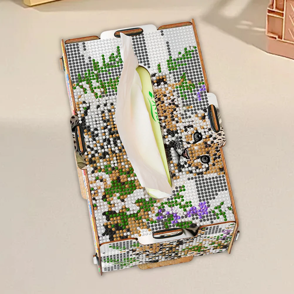 Leopard 5D DIY Diamond Painting Handmade Tissue Holder Wooden Tissue Box Craft