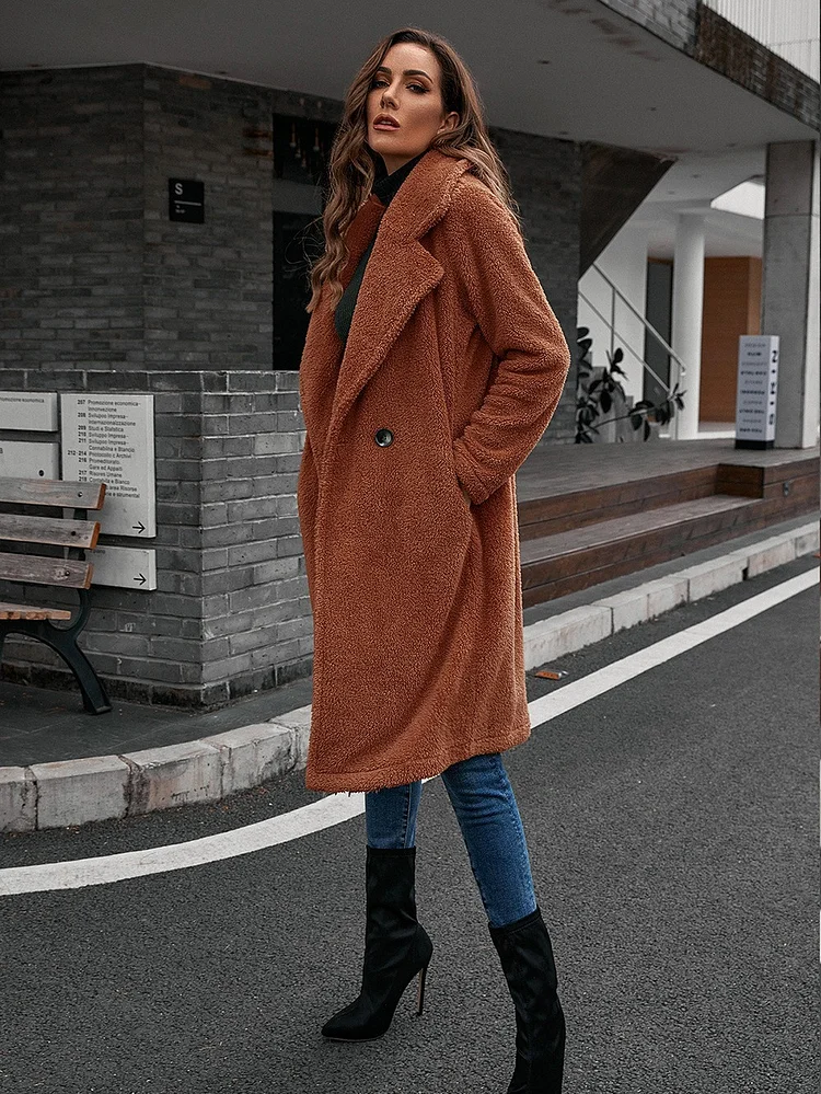 Women's Fleece Jacket Coat Single Breasted Loose V-Neck Lamb Fur Coat