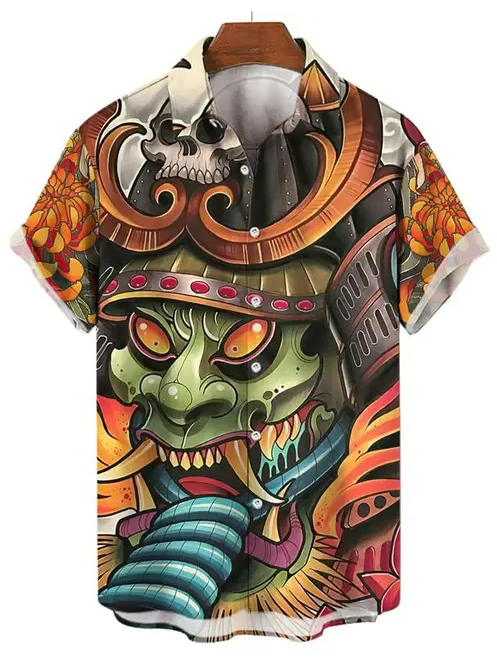 Oni Samurai Skull Helmet Multicolor Button-Up Shirt PLUSCLOTHESMAN