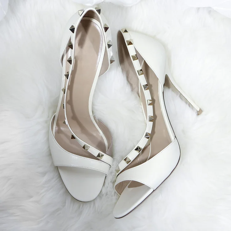 White Open Toe Studs Shoes Stiletto Heel Sandals |FSJ Shoes