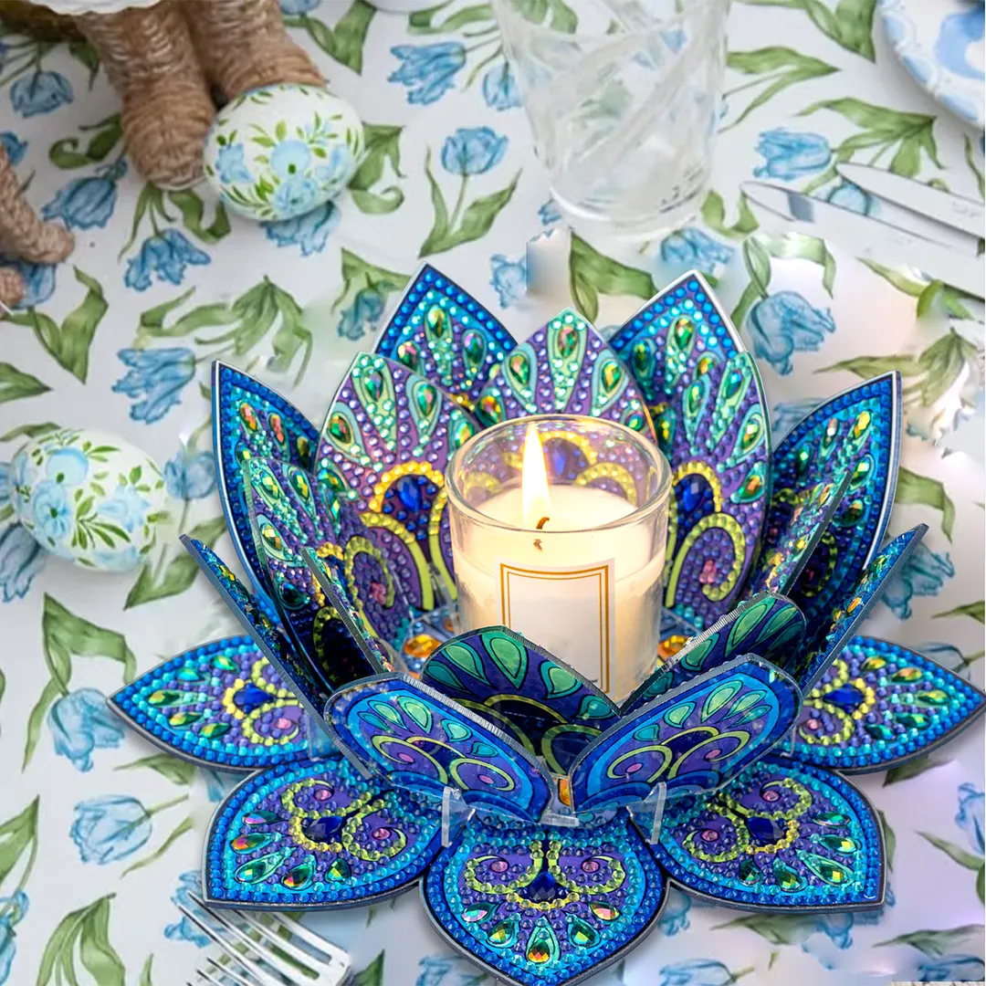 5D DIY Diamond Art Painting DIY Acrylic Desktop Ornament Flower Candle Holders Tealight Handmade Home Office Decor for Adults Beginners (Blue Lotus-A)
