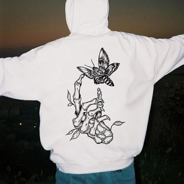 Skeleton Hand Meets Butterfly White Print Hoodie