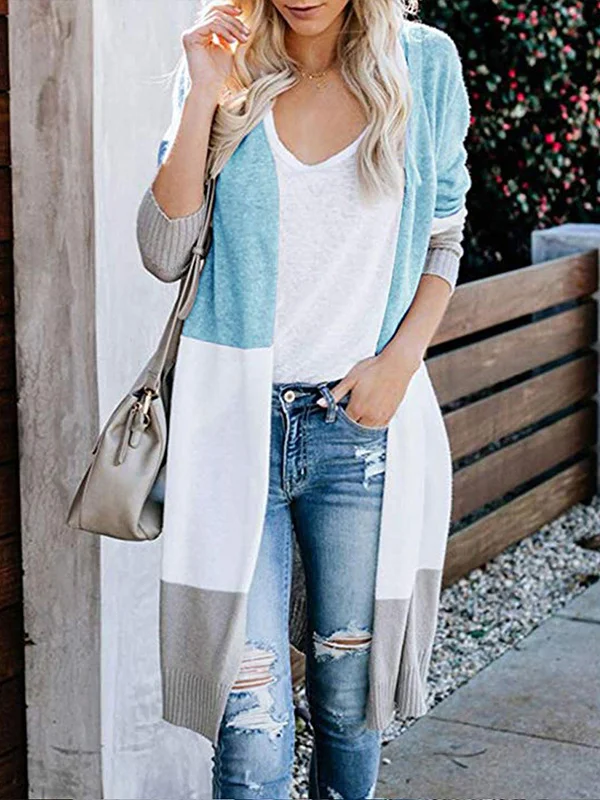 Contrast Color Long Sleeves Loose V-Neck Cardigan Tops