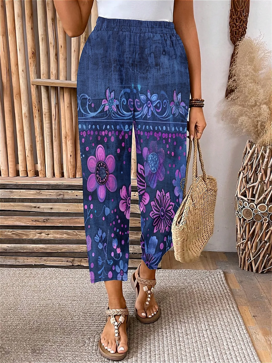 Plus Size Elastic Waist Purple,Floral,Bohemian Printed Pants