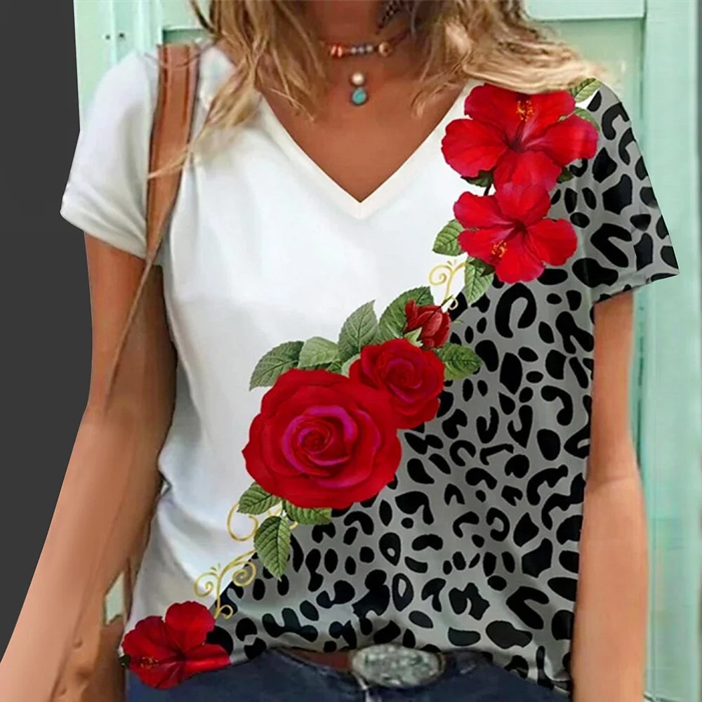 Floral Print Women T Shirts Casual Short Sleeve Loose  V Neck Tops Fashion Street Ladies Shitrs Summer Tee 2023 New D30