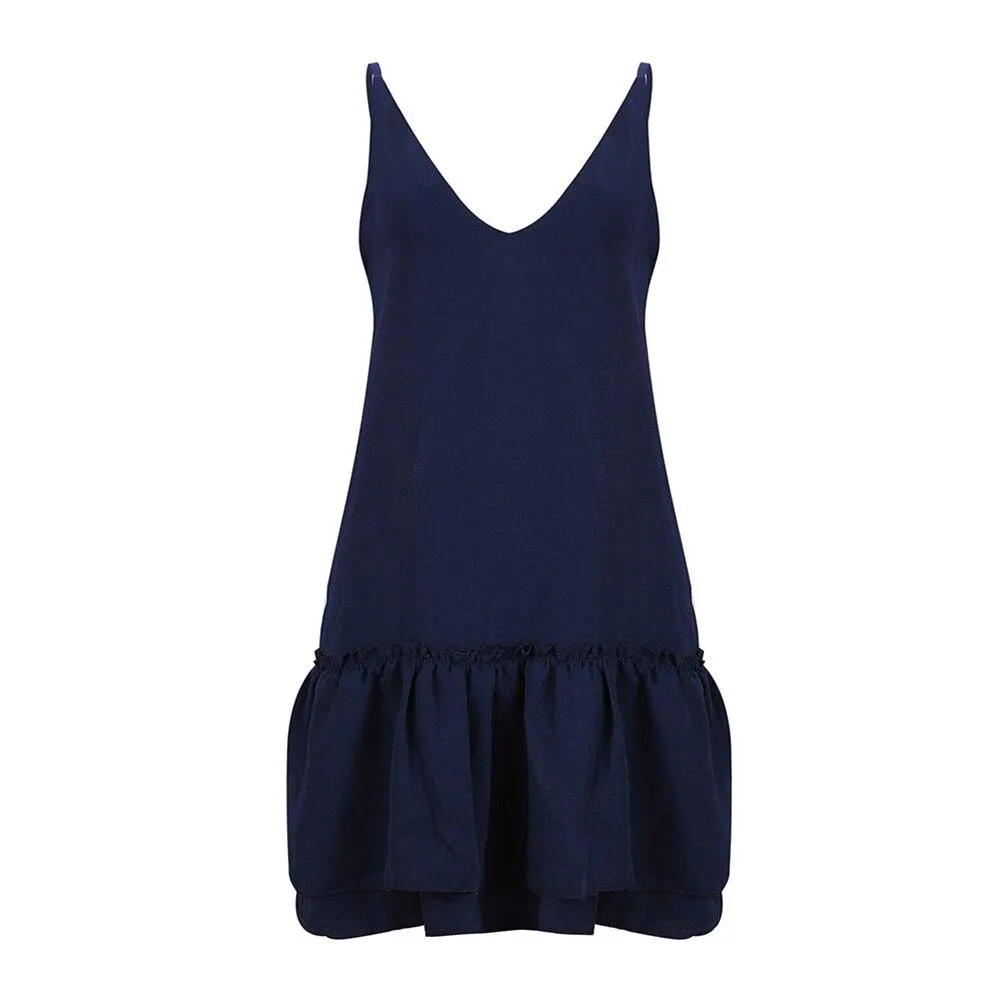 Women Fashion Summer Solid Color Loose Ruffle V Neck Sleeveless Mini Slip Dress Solid color combining ruffle design women dress