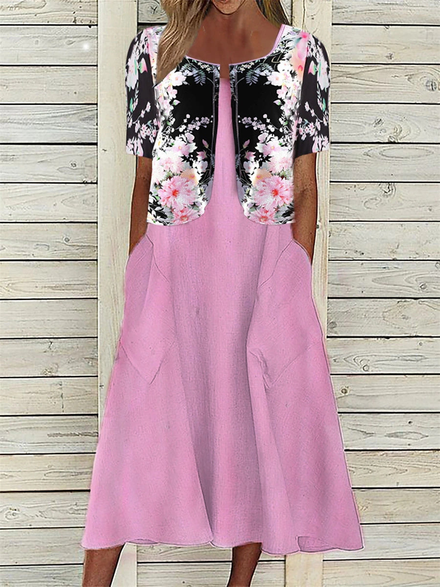 Women Short Sleeve Scoop Neck Floral Printed Pockets Two Piece Midi Dress