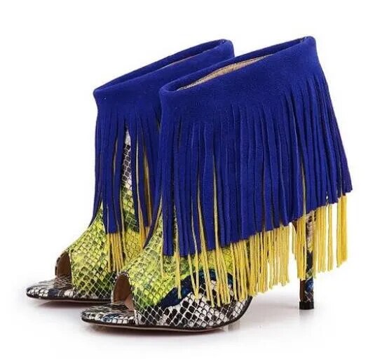 VCSHOES Tassel Covered Ankle Boots Daxen Boots Open Toe Suede Multicolor Fringed High Heel Python Back Zipper Ankle Booties