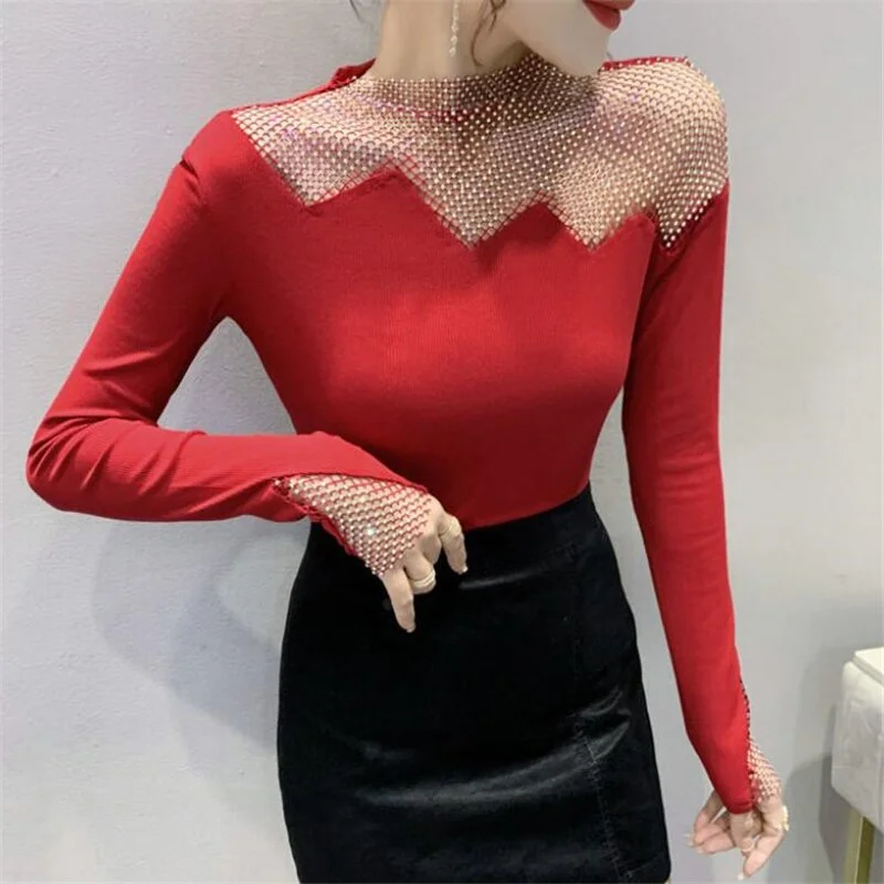 Cutout Shiny Hot Drilling T-shirt Women Round Neck Jumper Tops Long Sleeve Bottoming Tee Spring Basis Base Slim Women’s T-shirt