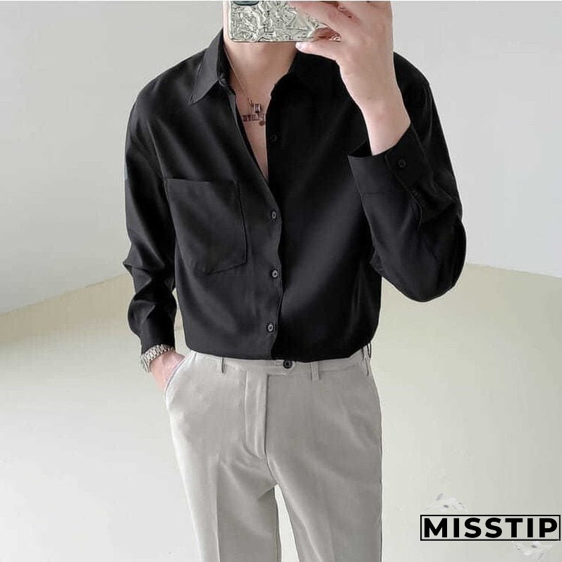 Spring New Senior Long Sleeve Button Down Shirts for Men Korean Fashion Loose Drape Solid Color All-match Men's Shirt Blouse