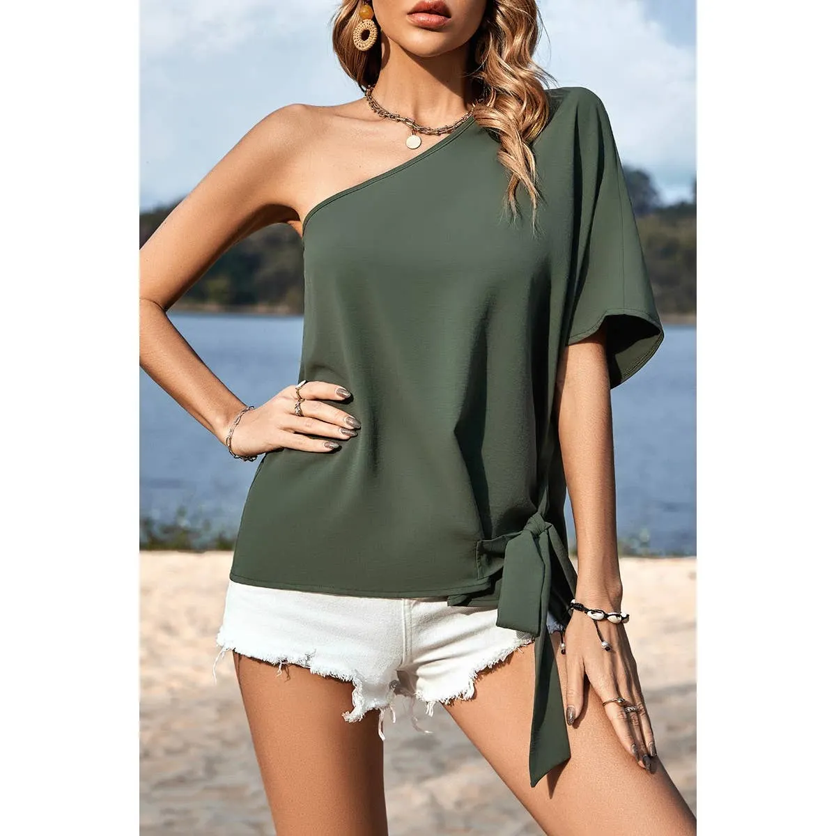 Solid One Shoulder Knot Loose Fit Wide Sleeve Top