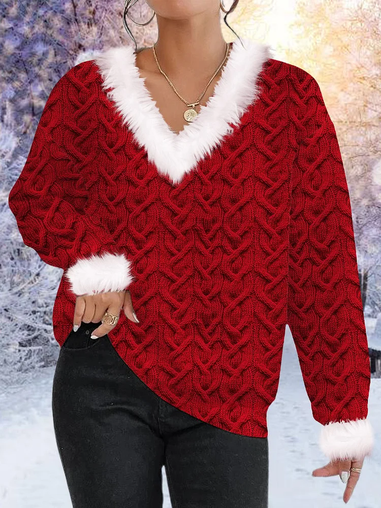 Women's Christmas Textured Fur Collar Sweatshirt