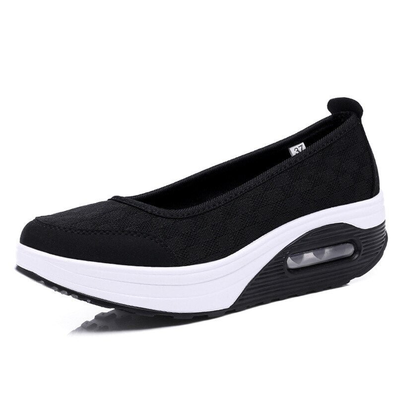 Women Lace Hollow Slip On Flat Shoes Air Cushion Platform Sneakers Female Shallow High Heel Wedge Casual Flat Breathable Soft