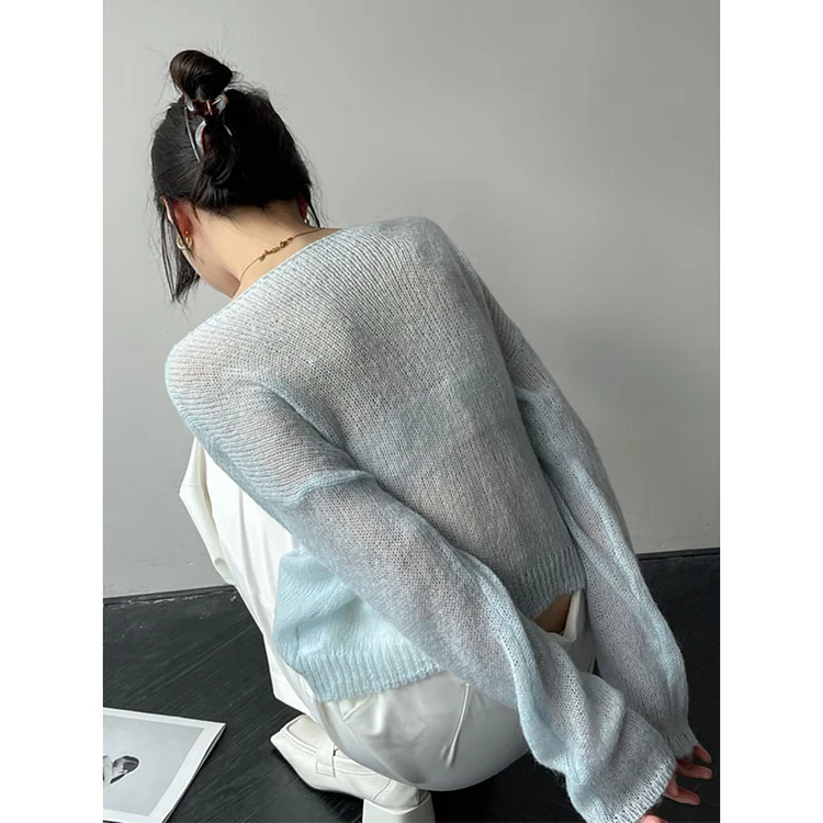 Loose Solid Color Round Neck Long Sleeve Thin Knitted Sweater