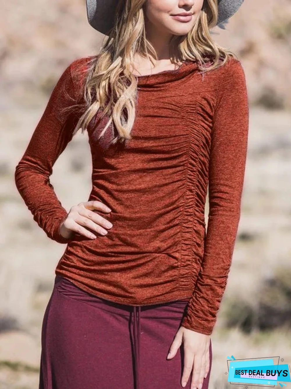 Casual Cotton-Blend Cowl Neck Tunic T-Shirt
