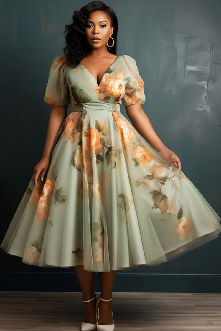 Xpluswear Design Plus Size Wedding Guest Green Floral V Neck Puff Sleeve Short Sleeve Pocket Chiffon Midi Dresses 2024 - Xpluswear