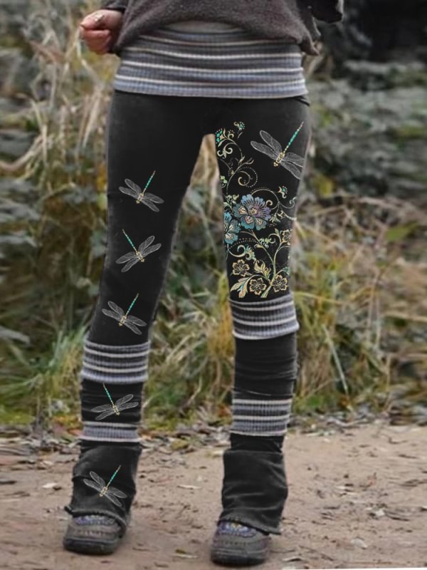 Casual vintage printed panel leggings