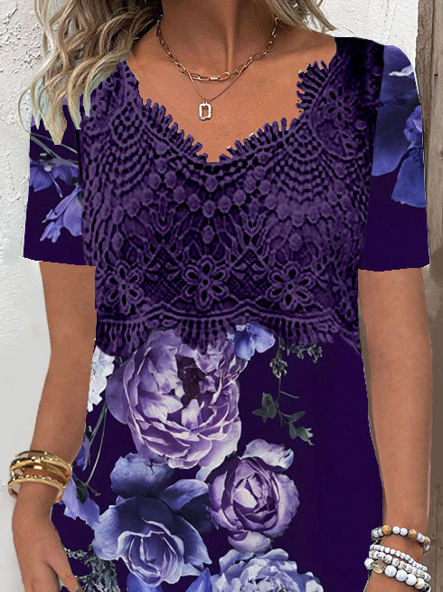 (PRE ORDER)Women's Short Sleeve V-neck Floral Printed Lace Stitching Midi Dress