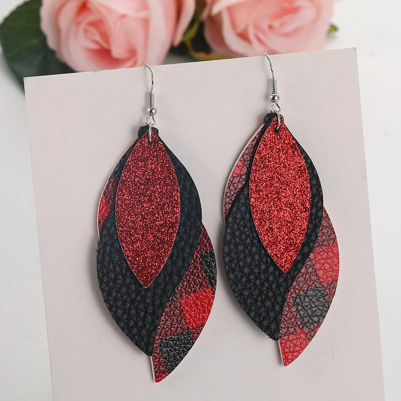 Plaid Sequined Leaf Multi-Layered Leather Earrings