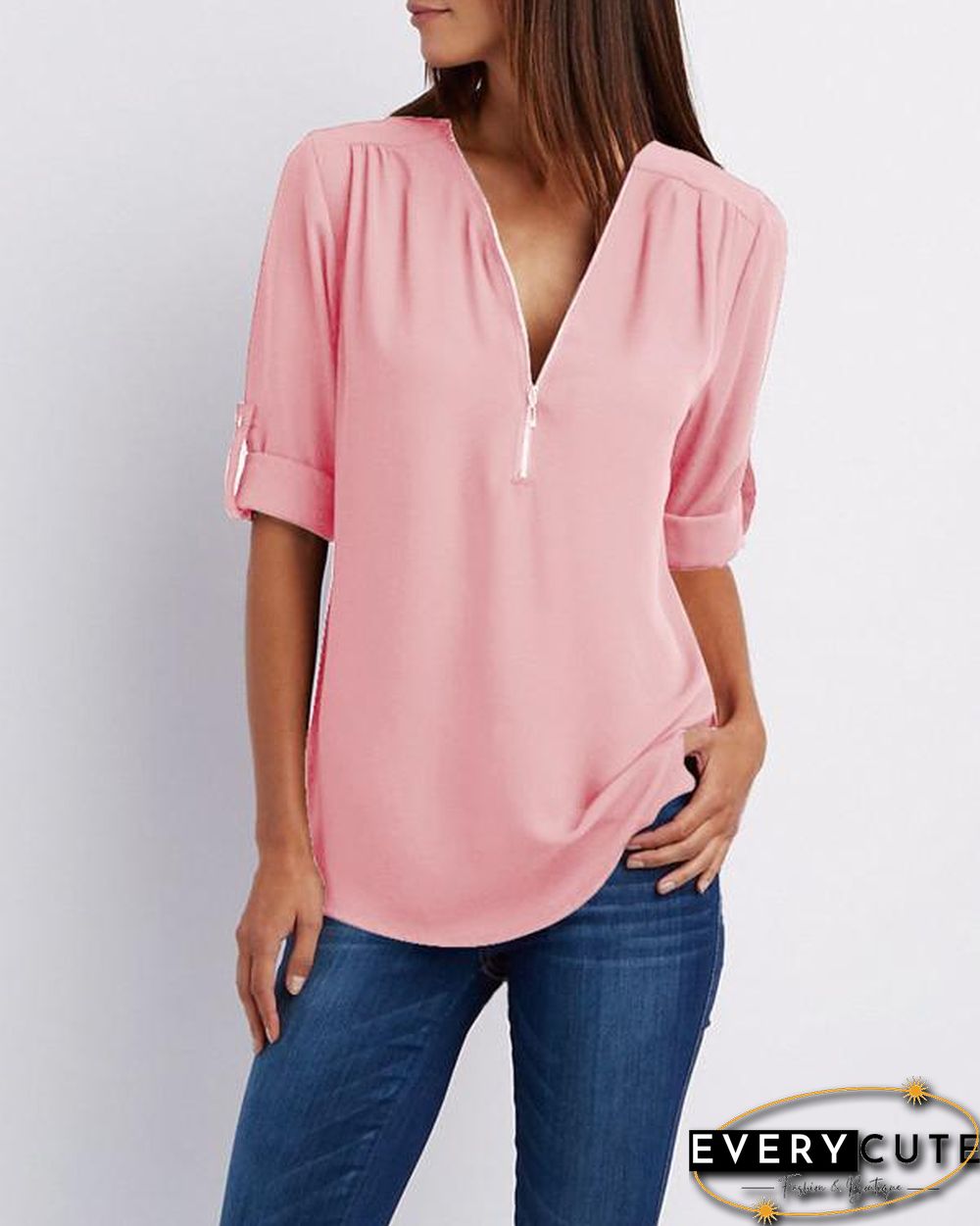 Chiffon Half Sleeve Zipper Solid V neck High Low Blouse