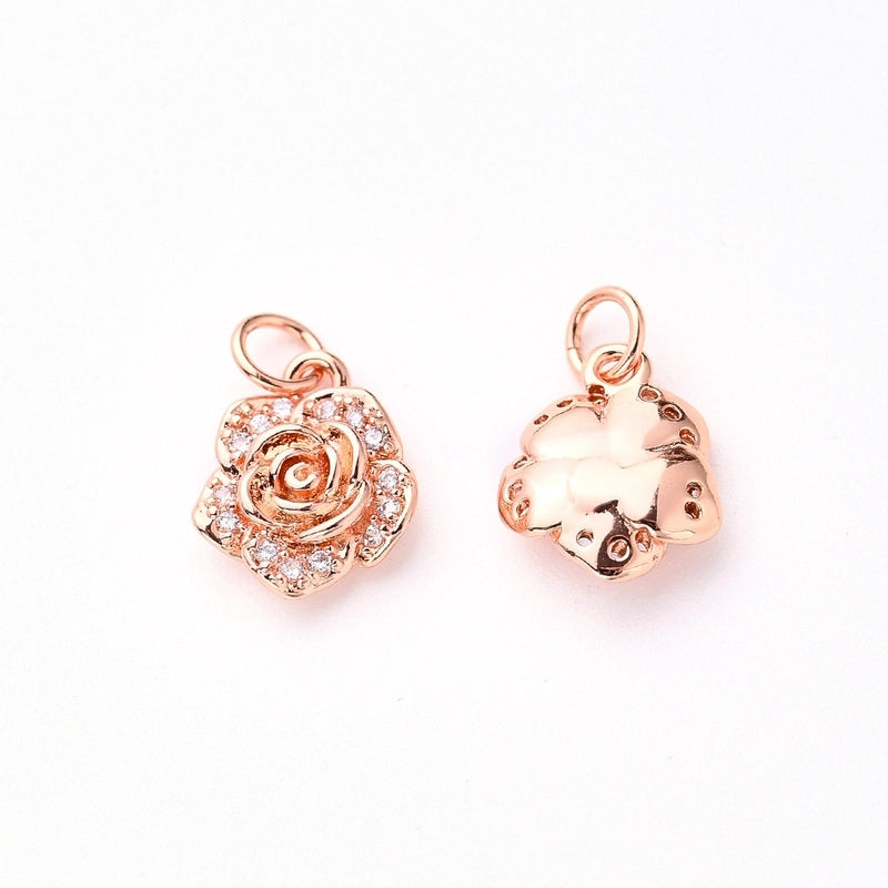 1Pc/Package 10.5x9mm Hole 2~2.9mm Copper Zircon Rose Gold Plated White Gold Plated Gold Plated Rose Flower Polished Pendant