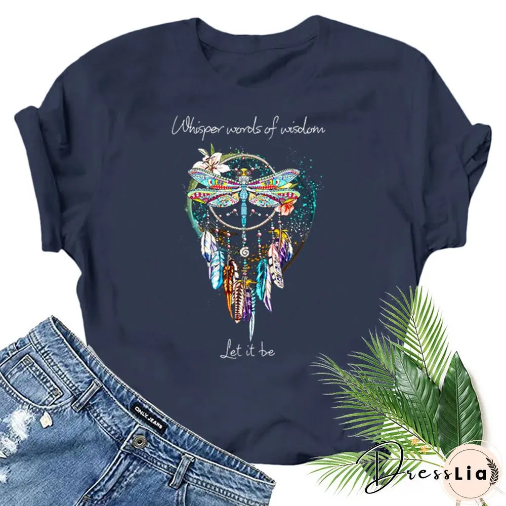 Dragonfly Windchimes Print Women T Shirt Short Sleeve O Neck Loose Women Tshirt Ladies Fashion Tee Shirt Tops Clothes Mujer