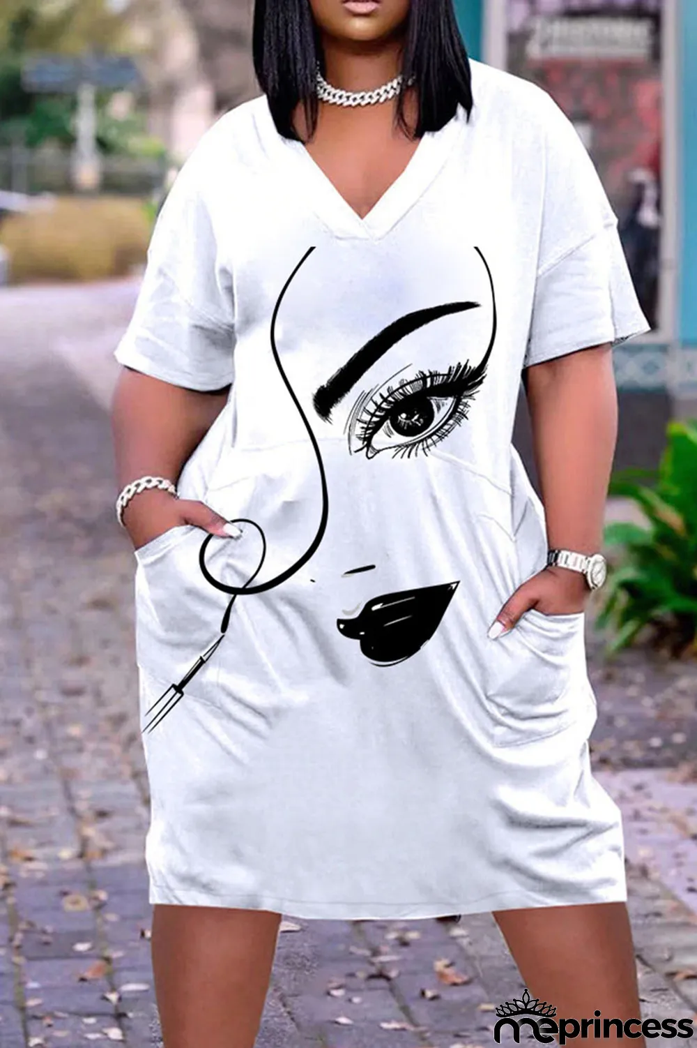 Red Casual Street Print Patchwork V Neck Straight Dresses