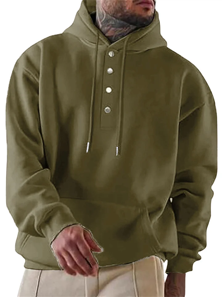 Men's Solid Color Hoodie Loose Casual Fleece Pocket Men's Pullover Hooded Snap Button Drawstring Insert Pocket Sweatshirt