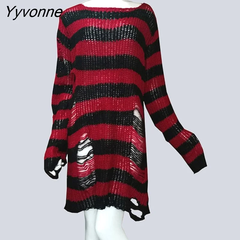 Yyvonne Size Punk Gothic Long Unisex Sweater Dress Cool Hollow Out Hole Broken Jumper Loose Rock Thin Sweter 2023 Women Man Striped 305-0