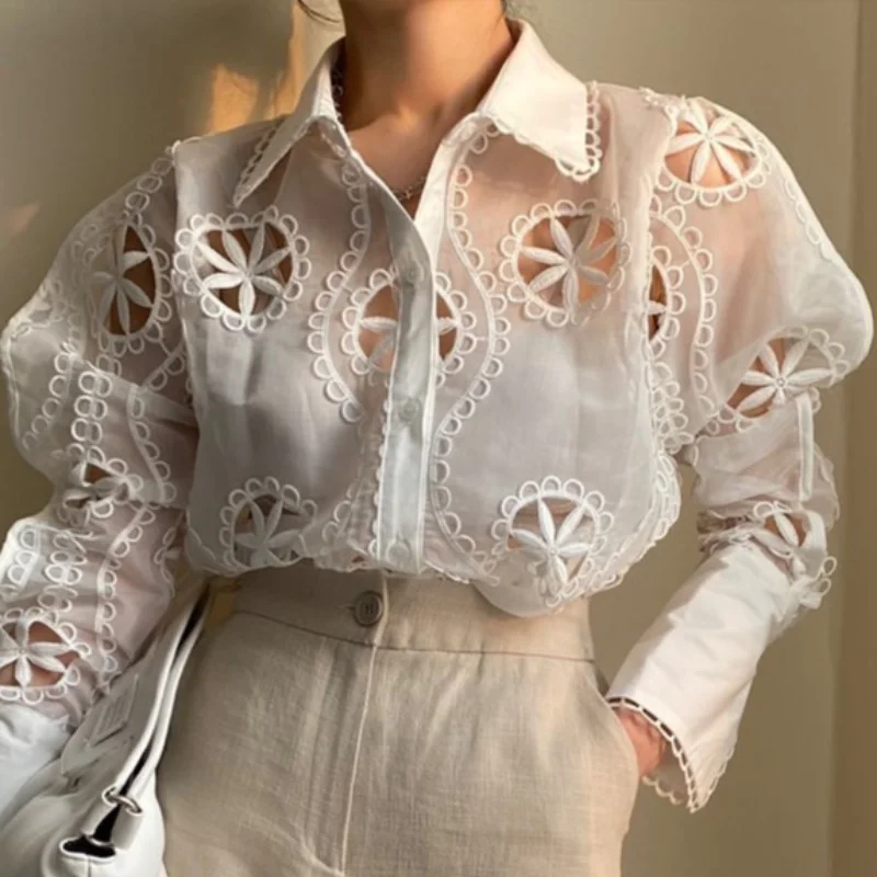 Toloer Toloer Chic Summer Court Style French Vintage Heavy Industry Lace Hollow Lantern Sleeves Lapel Shirt Jacket Female-Outfit Ideas