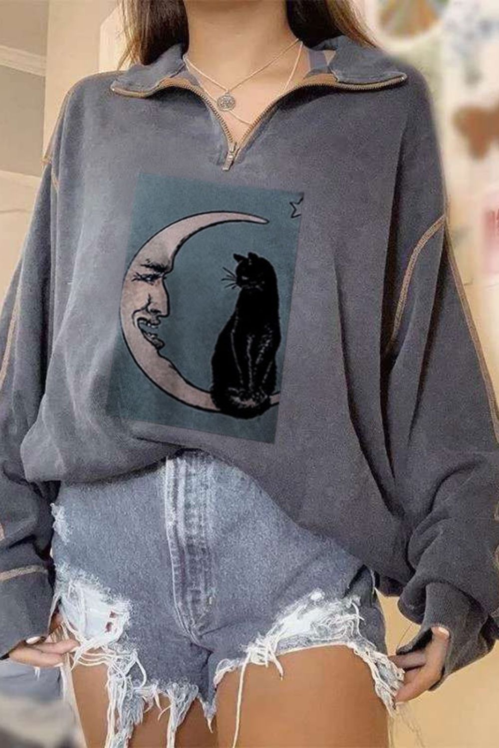 2021 New Women'S Casual Lapel Zipper Moon Cat Print Sweater Top