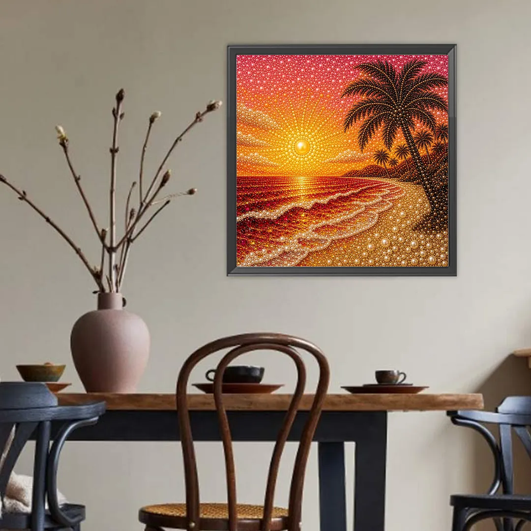 Sunset Beach Pearl Full DIY 5D Round Drill Gem Art Diamond Painting Kits 15.75x15.75 in Diamond Dots Paintings Picture Arts Craft Diamond Art Kits for Adults Beginner Home Wall Decor