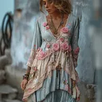 Vintage Boho Pink Roses Floral Layered Linen Maxi Dress - Image 2