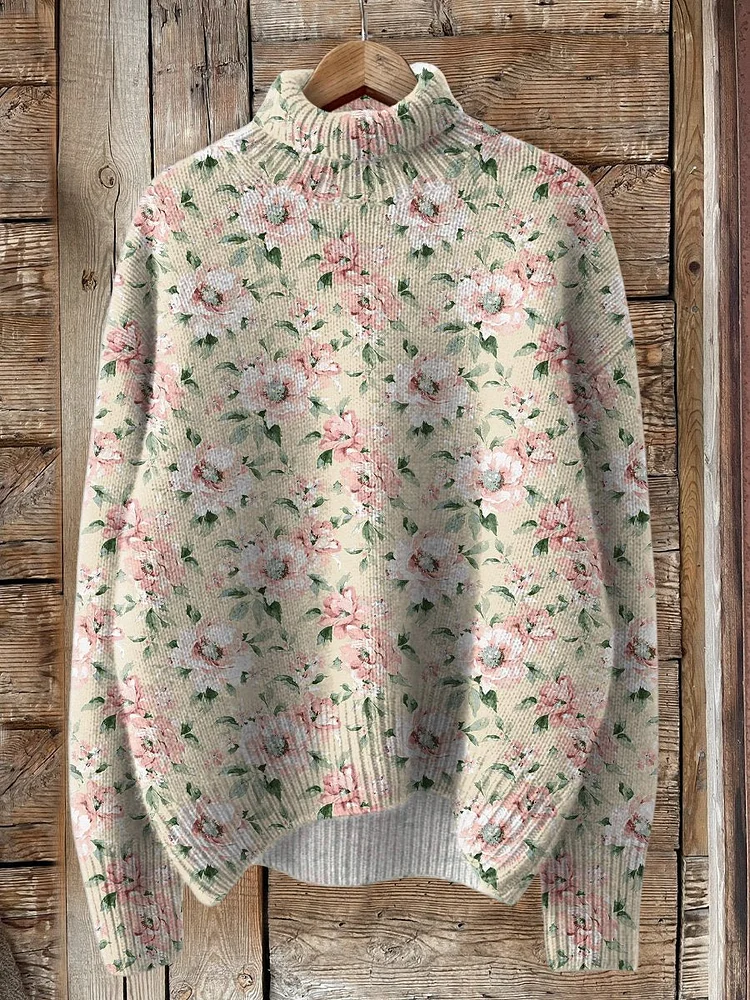 Oil Painting Peony Floral Pattern Printed Knit Turtleneck Pullover Sweater