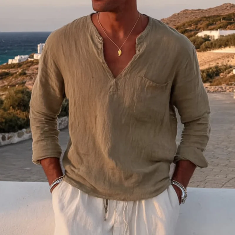 Men's Khaki V-neck Lightweight Breathable Linen Holiday Loose Casual Long-sleeved T-shirt-inspireuse