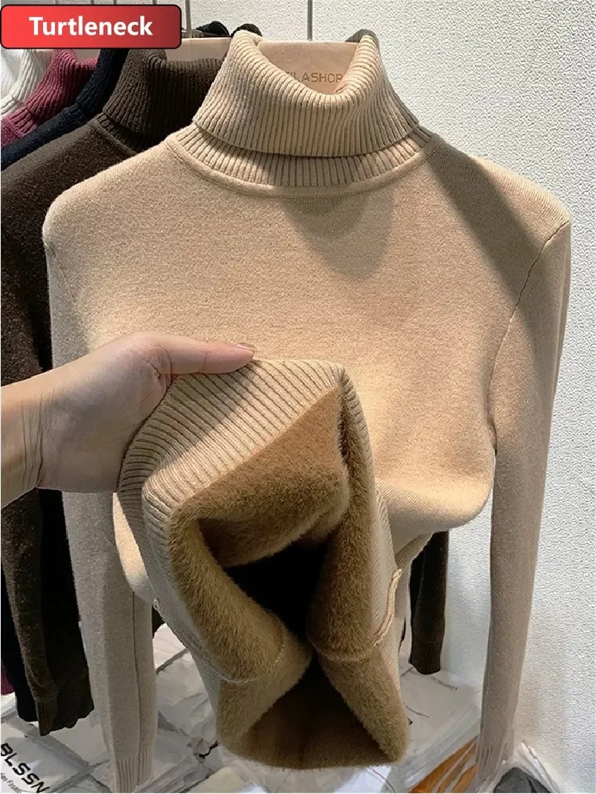 Uveng Warm Sweater Pullover Women Slim Thicken Plush Velvet Lined Knitwear Jumper Korean Half Turtleneck Poleras Soft Knit Tops