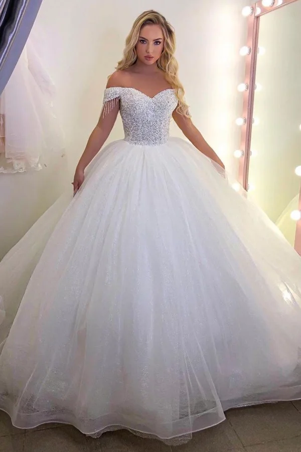 Charming Off-The-Shoulder Long Princess Wedding Dress With Tulle | Ballbellas Ballbellas