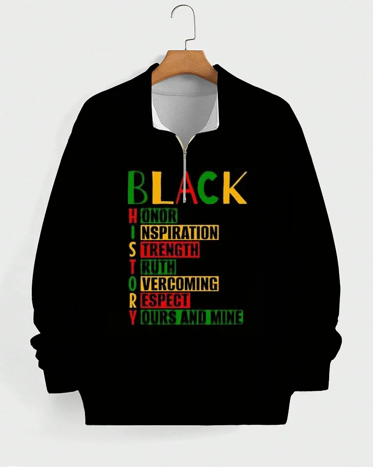 Black History High Collar Zipper Long Sleeve Casual Sweatshirt