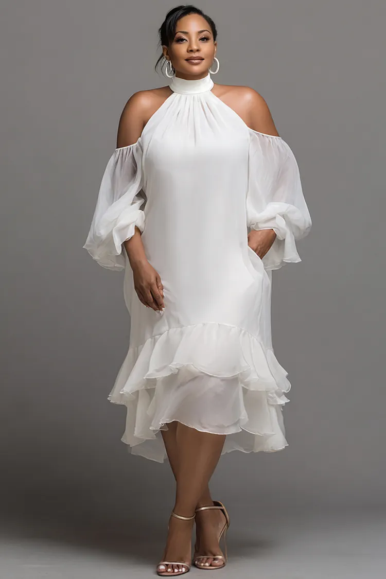 Xpluswear Design Plus Size Cocktail Party White Halter Collar Cold Shoulder Short Sleeve Ruffle Pocket Chiffon Midi Dresses [Pre-Order] 2024 - Xpluswear
