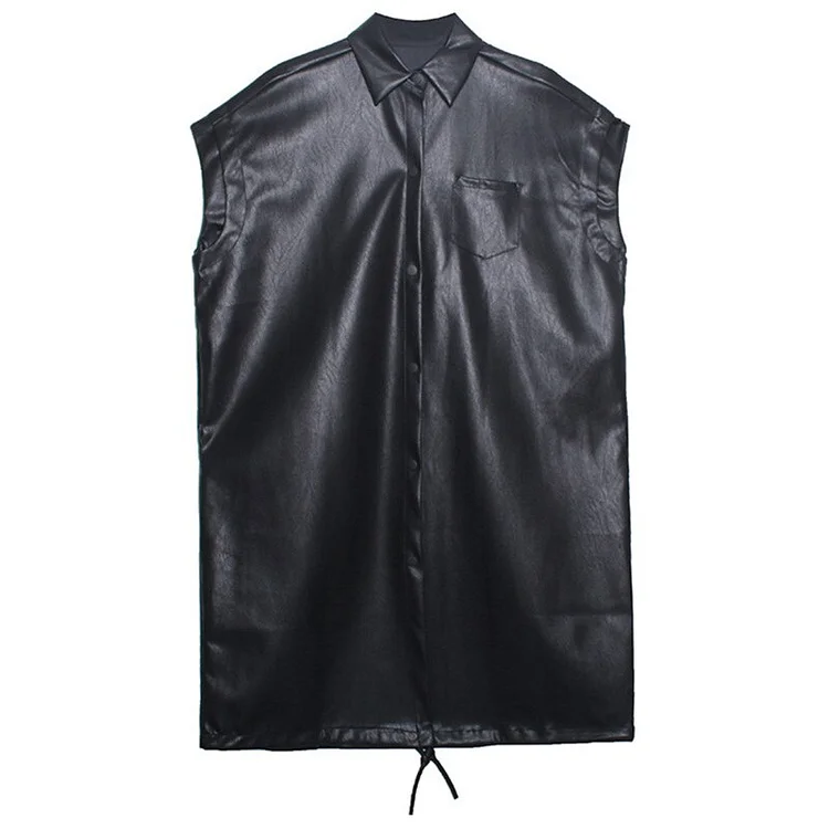Street Loose Solid Color Lapel Single-breasted Pockets PU Leather Sleeveless Coat